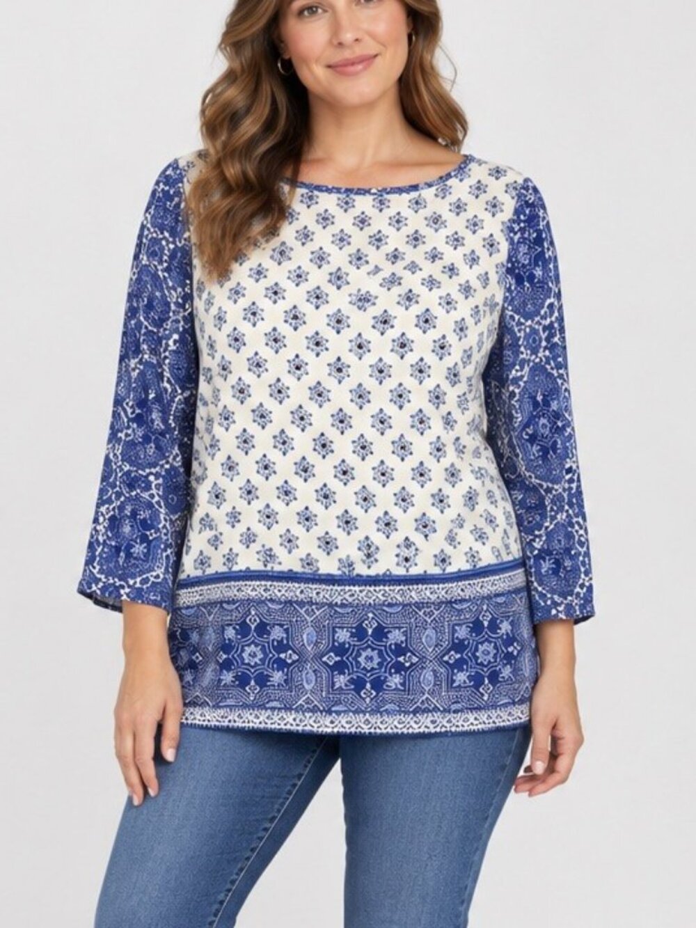 Lucky Brand Top Womens Medium Blue White Mixed Prints 3/4 Sleeve Viscose Boho